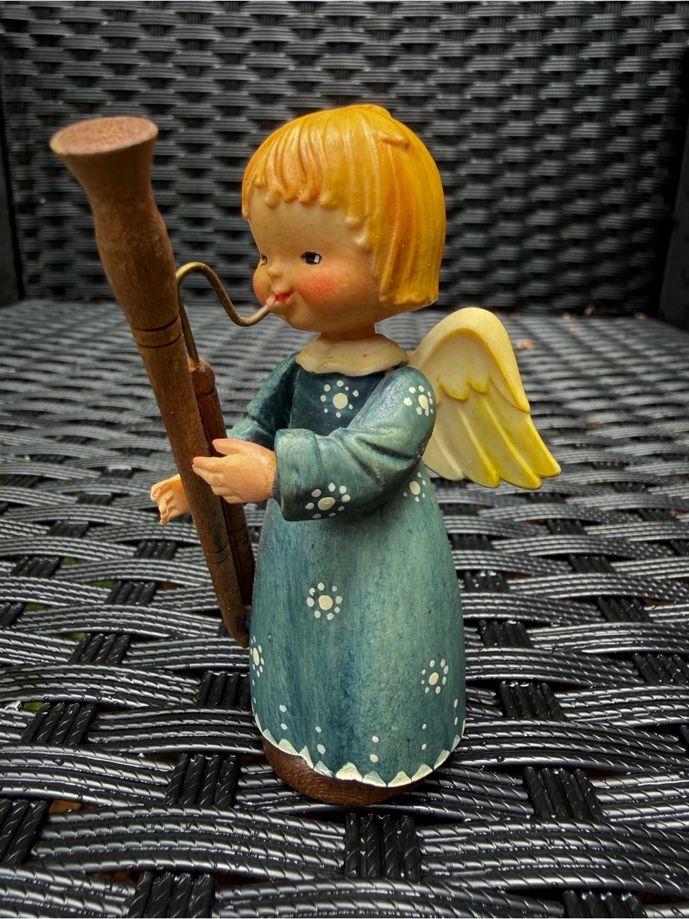Vintage ANRI Italy Hand Carved Painted Wood Angel Playing Bassoon 4”